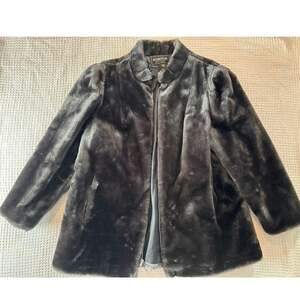 Vintage Komitor Faux Fur Zip-Up Jacket Coat Black Pockets Made in USA XL / L